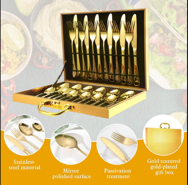 Gold Cutlery Set 24pcs Gold Plated Cutlery Set with Box - Premium Cutlery | Aleppo Gift UAE